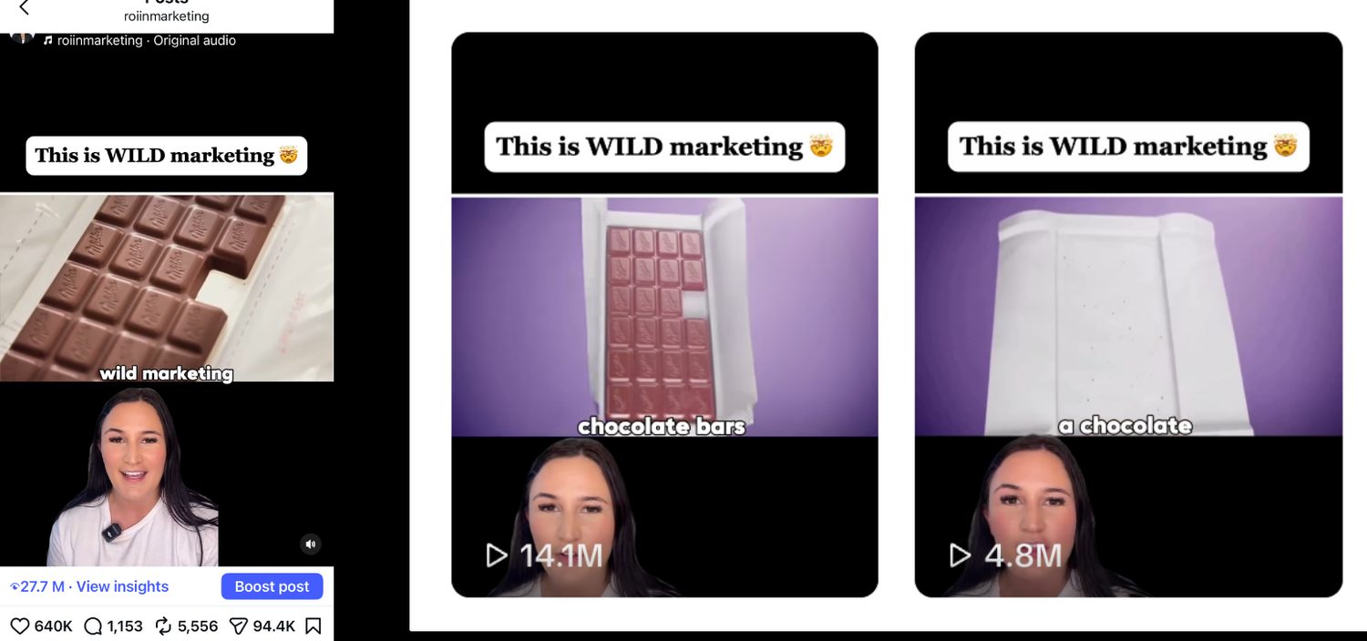 An Instagram post at 27.7M views, and video versions at 14.1M and 4.8M views