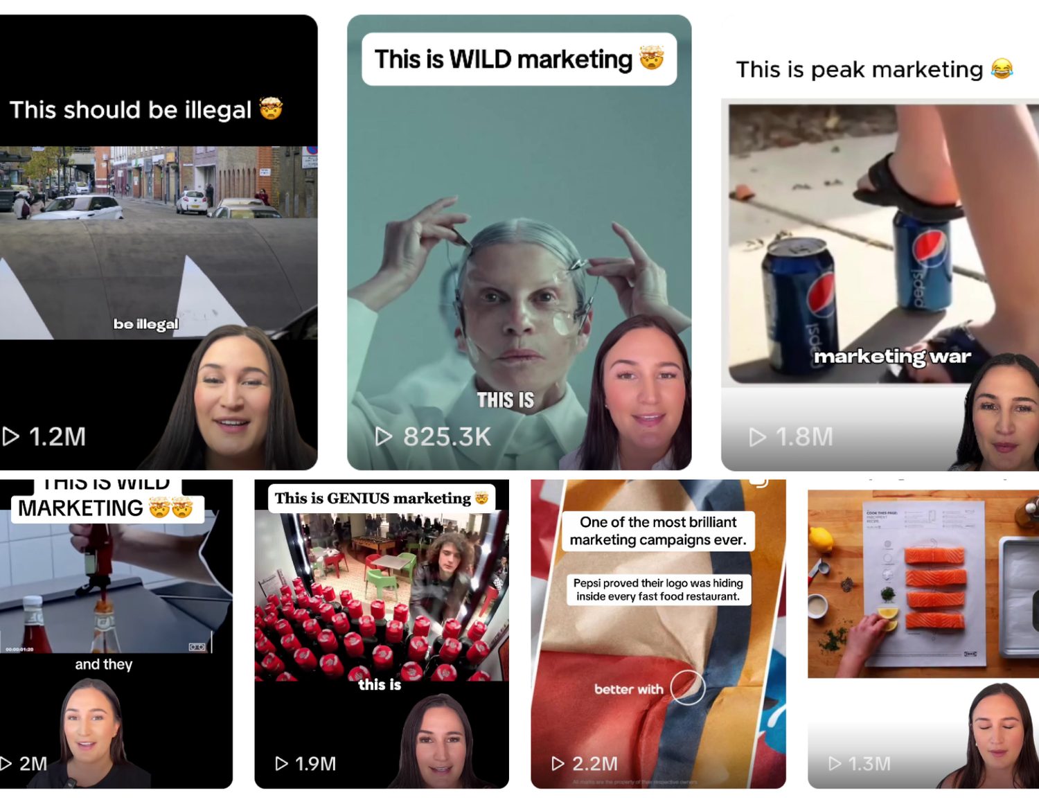 A grid of posts with view counts from 825,300 to 2.2M