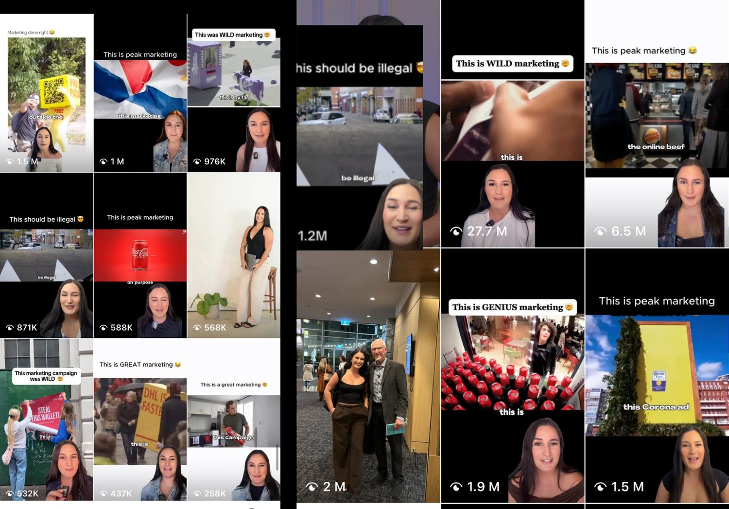 A grid of posts with view counts from 258,000 to 27.7M